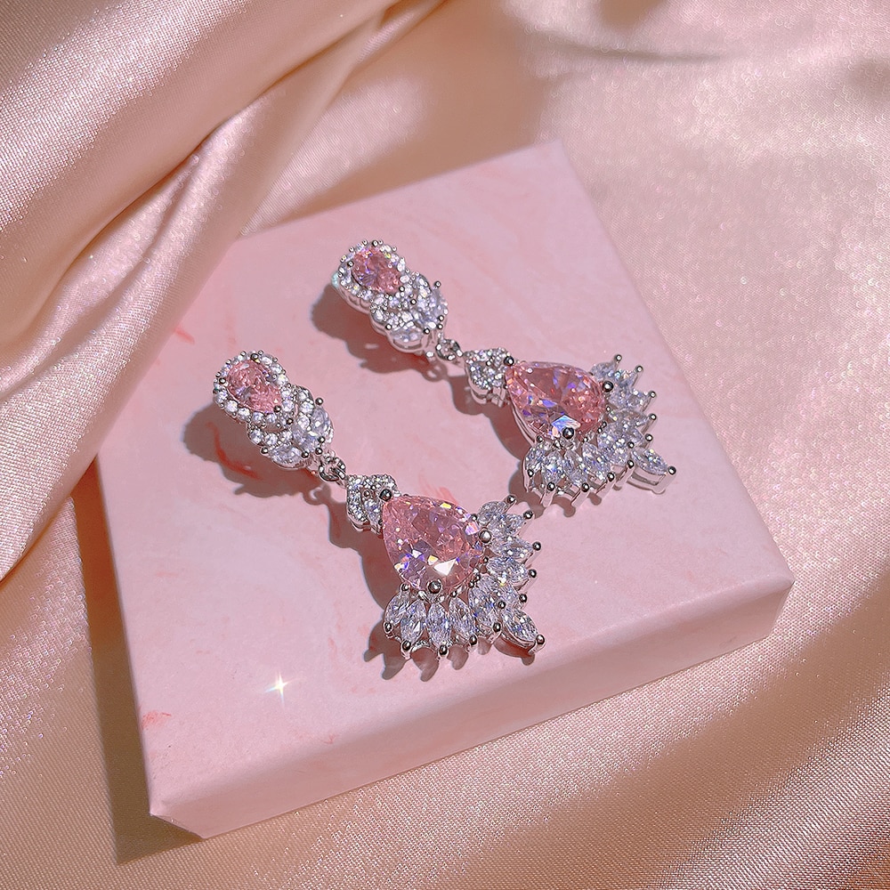 2022-New-Fashion-Pink-Zircon-Jewelry-Set-Shiny-and-Bright-Tassel-Zircon-Earrings-Ring-Necklace-Bridal-3