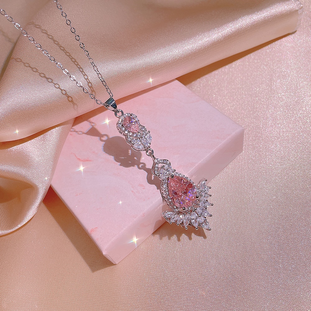 2022-New-Fashion-Pink-Zircon-Jewelry-Set-Shiny-and-Bright-Tassel-Zircon-Earrings-Ring-Necklace-Bridal-4