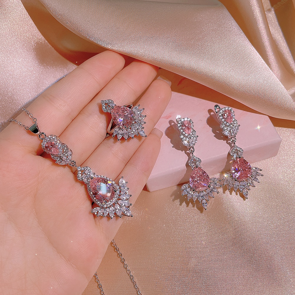 2022-New-Fashion-Pink-Zircon-Jewelry-Set-Shiny-and-Bright-Tassel-Zircon-Earrings-Ring-Necklace-Bridal