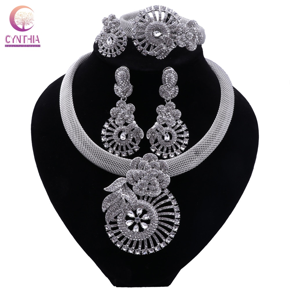 CYNTHIA-Women-Silver-Plated-Necklace-Women-Jewelry-Sets-Crystal-Earrings-Ring-Classic-Wedding-Flower-Jewelry-Set