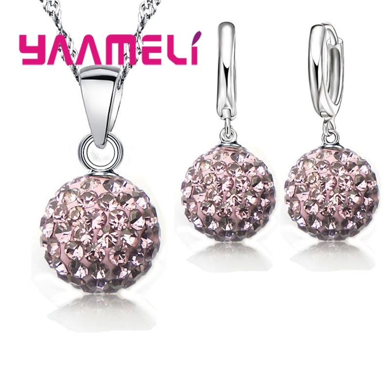 Women-New-Shiny-Jewelry-Set-925-Sterling-Silver-Top-Quality-Disco-Ball-Shape-Necklace-Pendant-Earrings-2