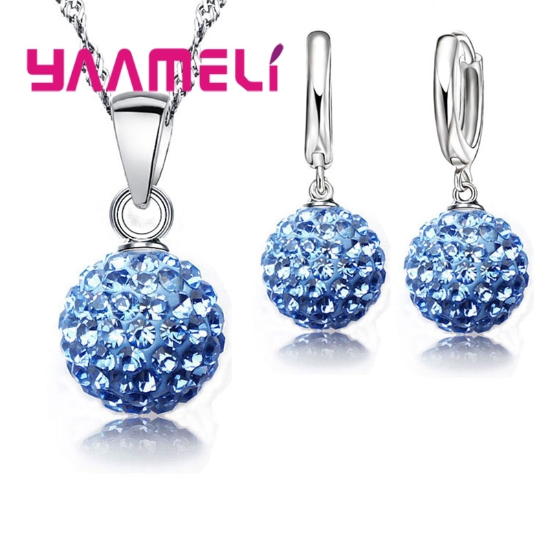 Women-New-Shiny-Jewelry-Set-925-Sterling-Silver-Top-Quality-Disco-Ball-Shape-Necklace-Pendant-Earrings-3