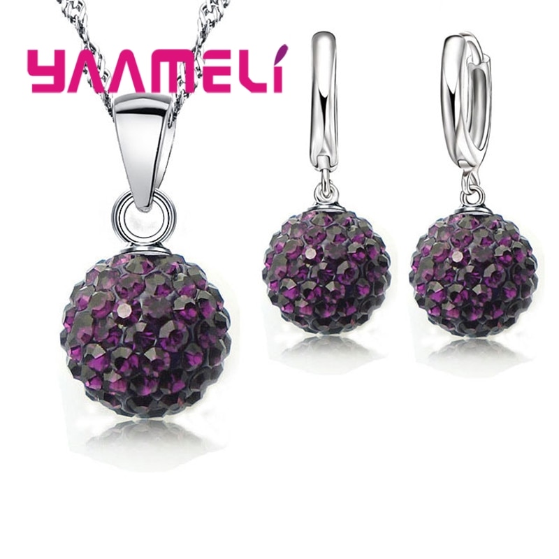 Women-New-Shiny-Jewelry-Set-925-Sterling-Silver-Top-Quality-Disco-Ball-Shape-Necklace-Pendant-Earrings-5