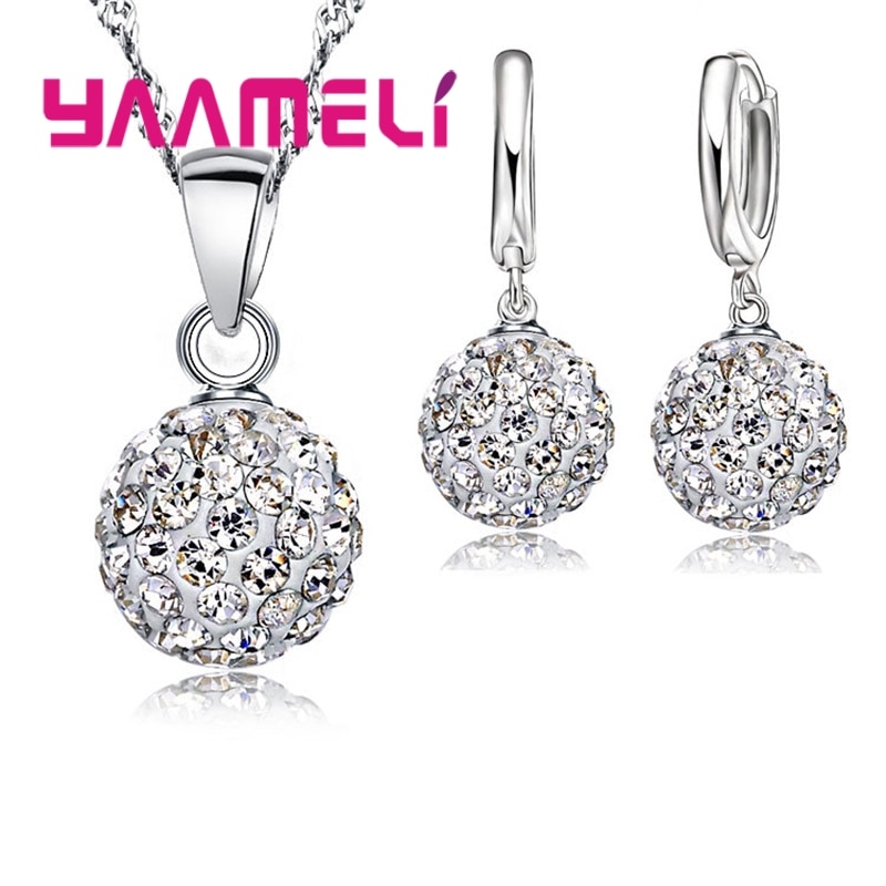 Women-New-Shiny-Jewelry-Set-925-Sterling-Silver-Top-Quality-Disco-Ball-Shape-Necklace-Pendant-Earrings