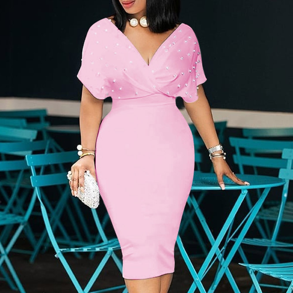 Elegant-Beading-Summer-Bodycon-Dress-2022-African-Women-Pink-Vestiods-Fashion-Office-Ladies-Midi-High-Waist